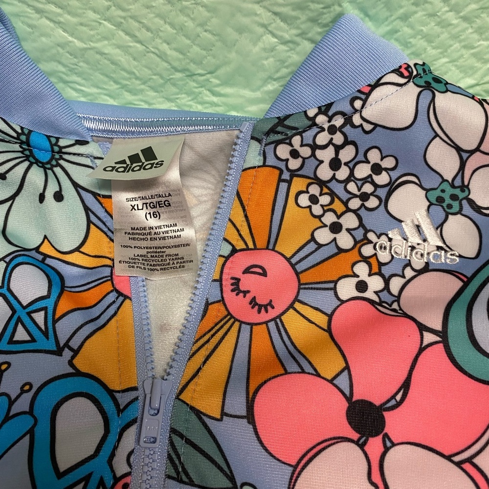 adidas Kids Floral Retro Print Jacket in Pink, Blue, Green - Picture 2 of 4